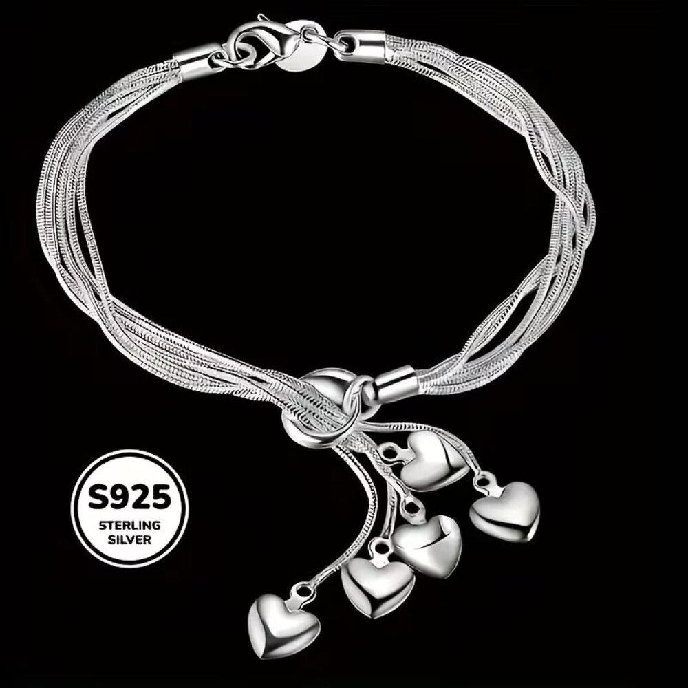 New Womens Tassel Heart 925 Sterling Silver Bracelet - Picture 2 of 4
